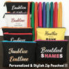 Personalized zip pouch made from colored oxford canvas or poly rubber fabric, featuring a durable and stylish design with a zipper in various colors.