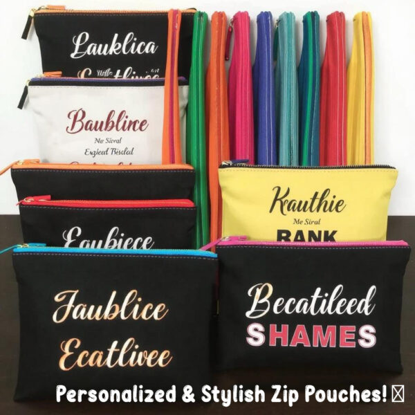 Personalized zip pouch made from colored oxford canvas or poly rubber fabric, featuring a durable and stylish design with a zipper in various colors.