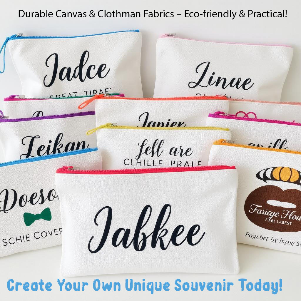 Customized zip pouches made from canvas or clothman fabrics with colorful zippers, personalized with unique designs, perfect for giveaways or events