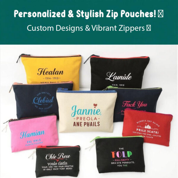 Personalized zip pouch made from colored oxford canvas or poly rubber fabric, featuring a durable and stylish design with a zipper in various colors.