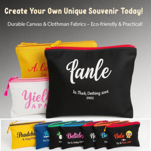 Personalized zip pouch made from colored oxford canvas or poly rubber fabric, featuring a durable and stylish design with a zipper in various colors.